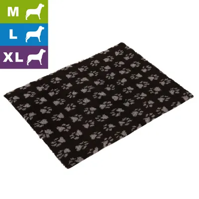 Tapis noir à motifs pattes, disponible en tailles M, L et XL indiquées par des pictogrammes de chiens sur fond vert, bleu et violet.