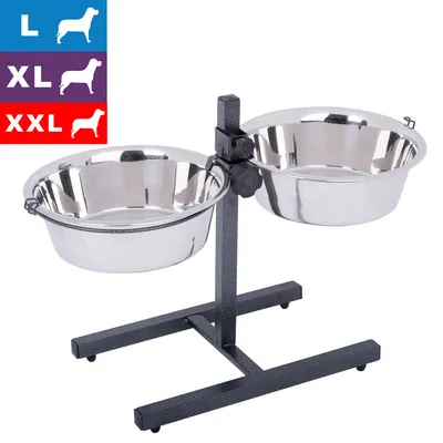 Gamelle double en métal sur support réglable, tailles L, XL, XXL indiquées pour chiens. Deux bols ronds en acier inoxydable fixés sur un pied noir avec vis de réglage visible.