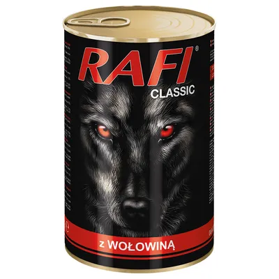 RAFI Classic conservă de hrană pentru câini cu inscripție roșie și motiv de lup, aromă de carne de vită, inscripție poloneză 'z wołowiną'.