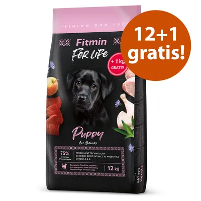 Fitmin For Life Puppy All Breeds, 12 kg + 1 kg free. 75% animal protein, chicory root extract as prebiotics, Omega 3 & 6. Complete food for puppies and pregnant dogs.