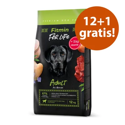 Fitmin For Life Adult All Breeds, 12 kg dog food with 67% animal protein, chicory root extract as prebiotic, Omega 3 & 6. Offer: 12+1 free, +1 kg free.