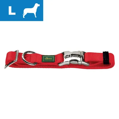 Collier pour chien taille L, marque HUNTER, en nylon rouge avec boucle métallique et anneau. Étiquette HUNTER visible sur le collier. Collier pour chien taille L, marque HUNTER, en nylon rouge avec boucle métallique et anneau. Étiquette HUNTER visible sur le collier.