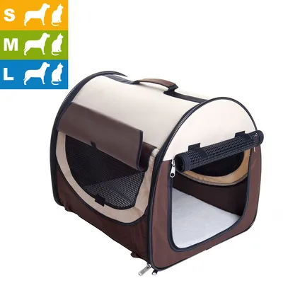 Niche de transport pliable en tissu beige et marron avec fenêtres en maille, poignée sur le dessus. Icônes indiquant tailles S, M, L pour chien et chat en haut à gauche.