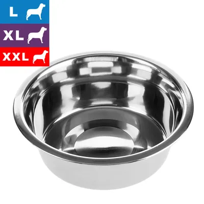 Gamelle en acier inoxydable, tailles L, XL et XXL indiquées par pictogrammes de chiens. Convient pour différentes tailles selon le choix affiché. Gamelle en acier inoxydable, tailles L, XL et XXL indiquées par pictogrammes de chiens. Convient pour différentes tailles selon le choix affiché.