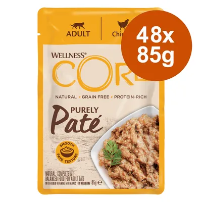 Wellness CORE Purely Paté für erwachsene Katzen, Huhn, natürlich, getreidefrei, proteinreich, glatte Paté-Textur. Packungsgrösse: 48x85g. Wellness CORE Purely Paté für erwachsene Katzen, Huhn, natürlich, getreidefrei, proteinreich, glatte Paté-Textur. Packungsgrösse: 48x85g.