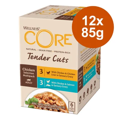 Wellness CORE Tender Cuts Chicken Selection Multipack, 12x85g. Natürliche, getreidefreie, proteinreiche Katzennahrung mit Huhn, Leber und Lachs in Sosse. Für erwachsene Katzen.