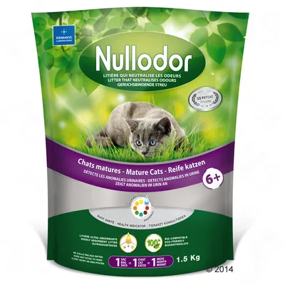 Balení steliva Nullodor pro dospělé kočky 6+, 1,5 kg. Text: Highly absorbent litter, 1 sac = 1 chat = 1 mois, 100% bio-compatible, health indicator, Demavic Laboratoire. Balení steliva Nullodor pro dospělé kočky 6+, 1,5 kg. Text: Highly absorbent litter, 1 sac = 1 chat = 1 mois, 100% bio-compatible, health indicator, Demavic Laboratoire.