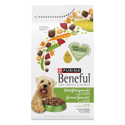 Purina Beneful Wohlfühlgewicht, nueva receta, con pollo y verduras de jardín, 12kg. El envase muestra un perro y ingredientes como guisantes, zanahorias, maíz. Diseñado para reciclar.