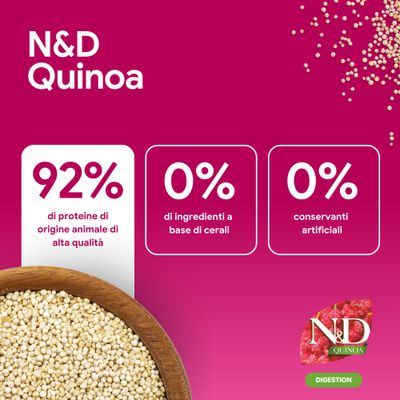 N&D Quinoa: 92% proteine animali, 0% ingredienti cereali, 0% conservanti artificiali. DIGESTION.