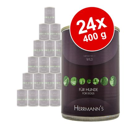 Herrmann's Menu No. 1 Wild dåsefoder til hunde, pakke med 24 x 400 g. Synlig tekst: Für Hunde, For Dogs, Herrmann's.