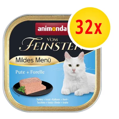 animonda Vom Feinsten Mildes Menü Pute + Forelle, opakowanie z białym kotem i kawałkiem karmy, żółte kółko z napisem 32x animonda Vom Feinsten Mildes Menü Pute + Forelle, opakowanie z białym kotem i kawałkiem karmy, żółte kółko z napisem 32x