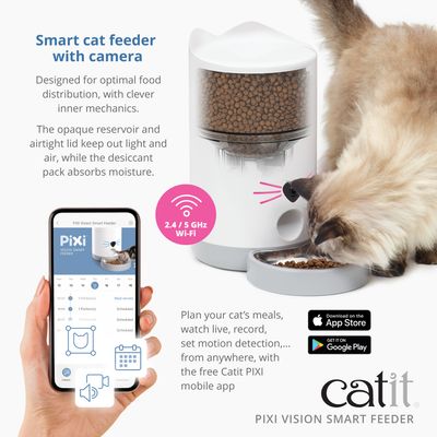 Catit PIXI Vision Smart Feeder with Camera, controllable via app, 2.4/5 GHz Wi-Fi, airtight container, moisture absorber, feeding schedule and live monitoring possible.