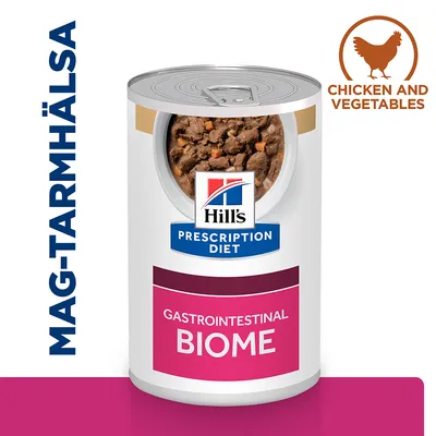 Hill's Prescription Diet Gastrointestinal Biome våtfoderburk. Text: MAG-TARMHÄLSA, CHICKEN AND VEGETABLES. Synligt foder med kött- och grönsaksbitar.