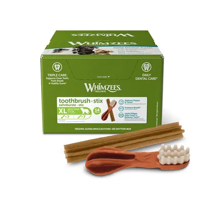 Whimzees Zahnbürste Stix XL für erwachsene Hunde 27-54kg, 14 Stück. Unterstützt saubere Zähne, frischen Atem und gesundes Zahnfleisch. Reduziert Plaque und Zahnstein.