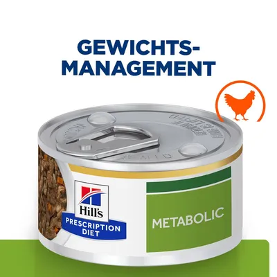 Hill's Prescription Diet Metabolic, boîte avec étiquette verte, texte visible : GEWICHTS-MANAGEMENT, illustration poulet orange. Texte en allemand.
