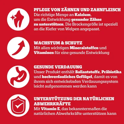 Pflege von Zähnen und Zahnfleisch, Wachstum & Schutz, gesunde Verdauung, Unterstützung der Abwehrkräfte. Enthält Kalzium, Mineralstoffe, Vitamine, Ballaststoffe, Präbiotika, Vitamin E.