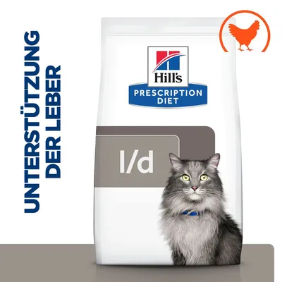 Hill's Prescription Diet I/d Katzenfutter zur Unterstützung der Leber, mit Huhn. Verpackung zeigt eine graue Katze und das Produktlogo.