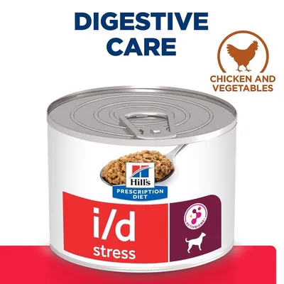 Hill's Prescription Diet i/d Stress консервирана храна за кучета, Digestive Care, с пиле и зеленчуци. Видим е надпис ACTIVBIOME+ и изображение на куче.