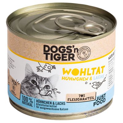 Dogs'n Tiger Adult 6 x 200 g Umido gatto Pollo & Salmone con Olio di lino e Camedrio maro