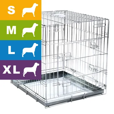 Wire pet crate shown with size options S, M, L, XL indicated by icons and text on coloured panels beside the crate. Wire pet crate shown with size options S, M, L, XL indicated by icons and text on coloured panels beside the crate.