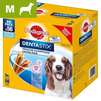 Pedigree Dentastix, opakowanie 56 sztuk dla psów 10–25 kg. Widoczny pies, tekst: DENTASTIX, codzienna pielęgnacja zębów, Nr.1 der Tierärzte, BIG PACK x56, 3-fach Wirkung.