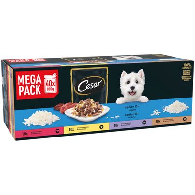 Cesar senior 10+ mixed selection in jelly, mega pack of 40 trays, each 100g. Image shows food pieces in jelly and meat slices.