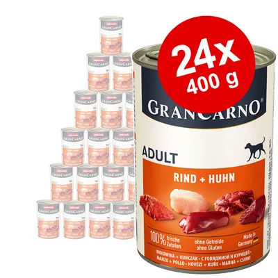 24 x 400 g cans of GranCarno Adult Rind + Huhn wet dog food, visible beef and chicken pieces on label, 100% frische Zutaten, ohne Getreide ohne Gluten, Made in Germany