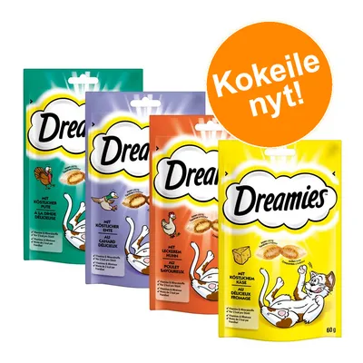 Dreamies kissanherkut, neljä makua: kalkkuna, ankka, kana ja juusto. Pakkauksissa tekstiä saksaksi ja ranskaksi. Oranssi ympyrä: Kokeile nyt!