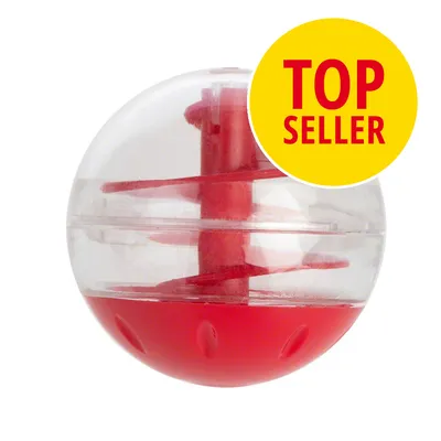 Röd och transparent plastboll med spiral inuti. Gul cirkel med röd text: TOP SELLER. Röd och transparent plastboll med spiral inuti. Gul cirkel med röd text: TOP SELLER.