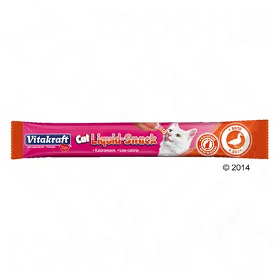 Vitakraft Cat Liquid-Snack, Low-calorie, fără gluten, rață. Ambalaj cu imaginea unui pisici albe și simbol rață. Text suplimentar: Kalorienarm, ENTE DUCK.