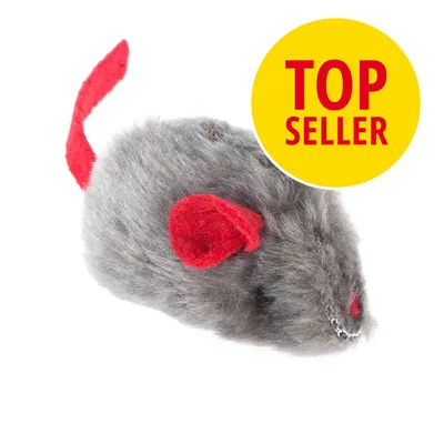 Grå leksaksmus med röd svans och röda öron, texten 'TOP SELLER' i gul cirkel synlig.