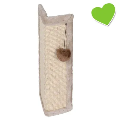 Tiragraffi angolare in sisal beige con bordo in peluche e cuore marrone appeso a un filo. Nessun marchio visibile. Tiragraffi angolare in sisal beige con bordo in peluche e cuore marrone appeso a un filo. Nessun marchio visibile.