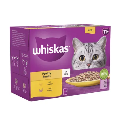 Whiskas Poultry Feasts in jelly, with chicken and turkey, 12 pack for age 11+, 100% high quality ingredients, complete daily meals.