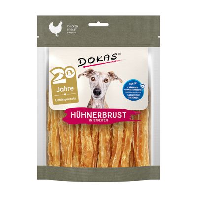 Dokas Hühnerbrust in Streifen, verpakking met afbeelding van hond, tekst: Animal Welfare Tierwohl, chicken breast strips, keurmerk SGS INSTITUT FRESENIUS zichtbaar.