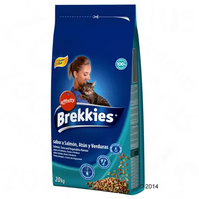 Упаковка корма для кошек affinity Brekkies, вкус лосось, тунец и овощи, 20 кг. Видны значки: 100 % натурально, контроль шерсти, поддержка иммунитета.