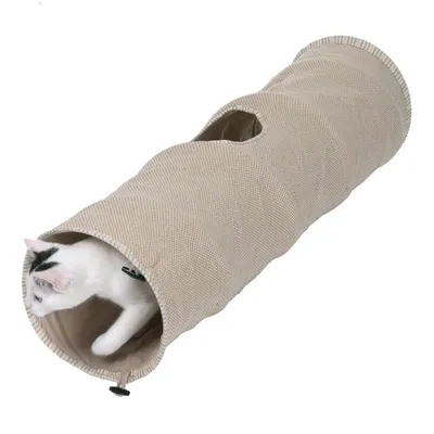 Beige cat tunnel with opening, cat looking out from the entrance.