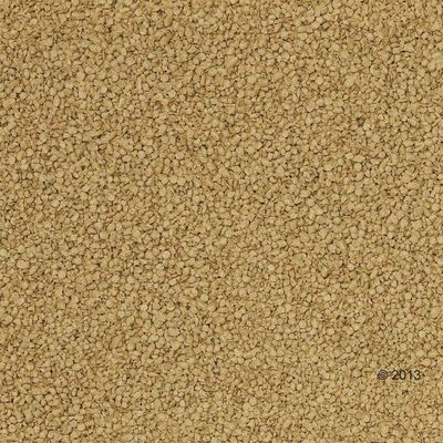 Close-up van beige kattenbakvulling met fijne korrels, geen merknaam of extra informatie zichtbaar.