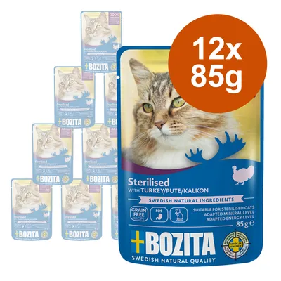 Bozita Sterilised med kalkon, 12x85g. Spannmålsfritt recept, svenska naturliga ingredienser, lämpligt för steriliserade katter. Tillverkat i Sverige.