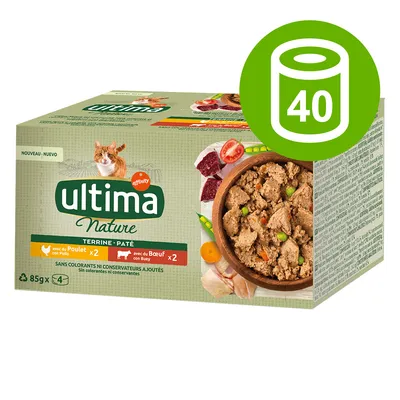 Ultima Nature Terrine Paté cu pui și vită, 40 conserve a câte 85g. Fără coloranți și conservanți. Ambalajul prezintă carne, legume și roșii.
