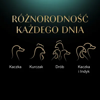 Polski tekst: Różnorodność każdego dnia. Symbole i oznaczenia: Kaczka, Kurczak, Drób, Kaczka i Indyk.