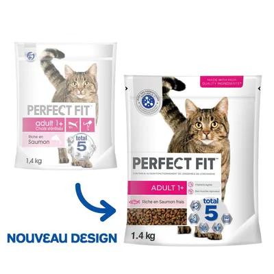 Deux sachets de croquettes Perfect Fit Adult 1+ Chats stérilisés, riche en saumon frais, 1,4 kg, avec mention Nouveau design et total 5. Texte en anglais : Made with high quality ingredients.