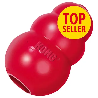 KONG-merkkinen punainen koiranlelu, keltaisessa ympyrässä teksti TOP SELLER KONG-merkkinen punainen koiranlelu, keltaisessa ympyrässä teksti TOP SELLER