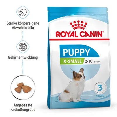 Royal Canin Puppy X-Small, 2-10 Monate, starke körpereigene Abwehrkräfte, Gehirnentwicklung, angepasste Krokettengrösse, 3. Entwicklungsstufe.