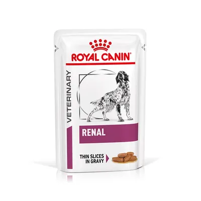 Royal Canin Veterinary Renal, dünne Scheiben in Sosse. Verpackung mit Hundebild und violettem Label. Royal Canin Veterinary Renal, dünne Scheiben in Sosse. Verpackung mit Hundebild und violettem Label.