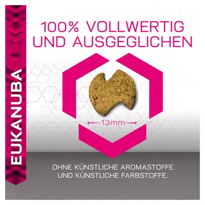 EUKANUBA, 100% VOLLWERTIG UND AUSGEGLICHEN, bez umjetnih aroma i boja. Prikaz oblika granule promjera 13 mm. Tekst na njemačkom jeziku.