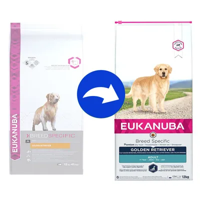 Cambio confezione Eukanuba Breed Specific Golden Retriever Adult 12 kg, mostra vecchio e nuovo design del sacco con cane Golden Retriever e marchio ben visibili.