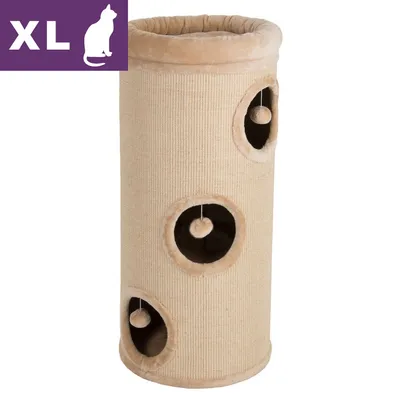 Duży drapak dla kota XL, beżowy cylinder z trzema otworami i wiszącymi piłkami, materiał: tkanina pluszowa i sizal.