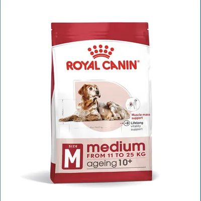 Опаковка Royal Canin medium ageing 10+, за кучета 11–25 кг. Видими надписи: Muscle mass support, Lifelong vitality support. Опаковка Royal Canin medium ageing 10+, за кучета 11–25 кг. Видими надписи: Muscle mass support, Lifelong vitality support.
