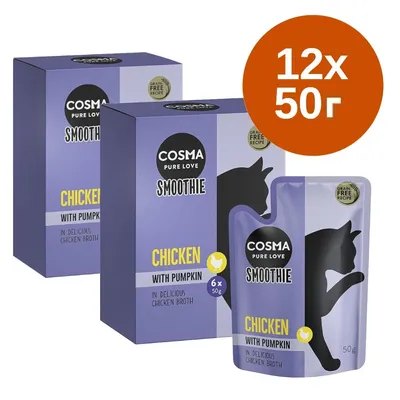 Cosma Pure Love Smoothie Chicken with Pumpkin, 12×50 г. Опаковки и пауч с надпис Grain Free Recipe. Видими са текстове на английски език.