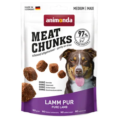 animonda MEAT CHUNKS LAMM PUR, 97 % mono-proteín, bez obilnín, príchutí, cukru a sóje. Vyrobené v Nemecku. Medium/Maxi. Na obale pes a kúsky sušeného mäsa.
